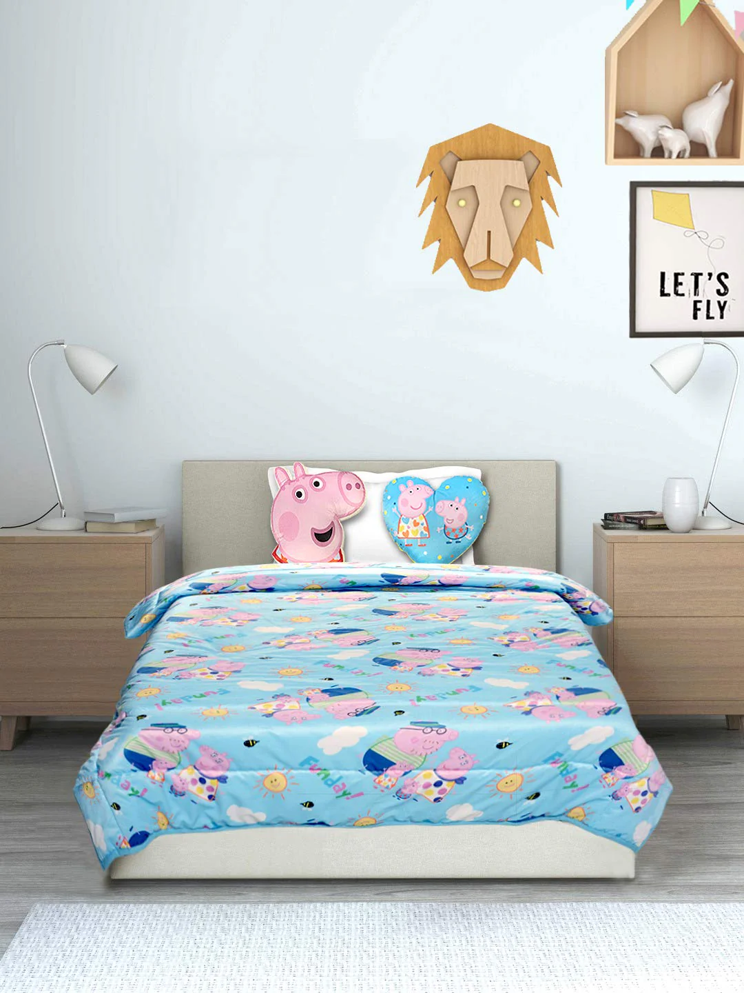 AC Quilt with 2 Cushions Velvet and Cotton with creative Peppa Pig design - (Turquoise, Pink 135X210 cm) - Image 4