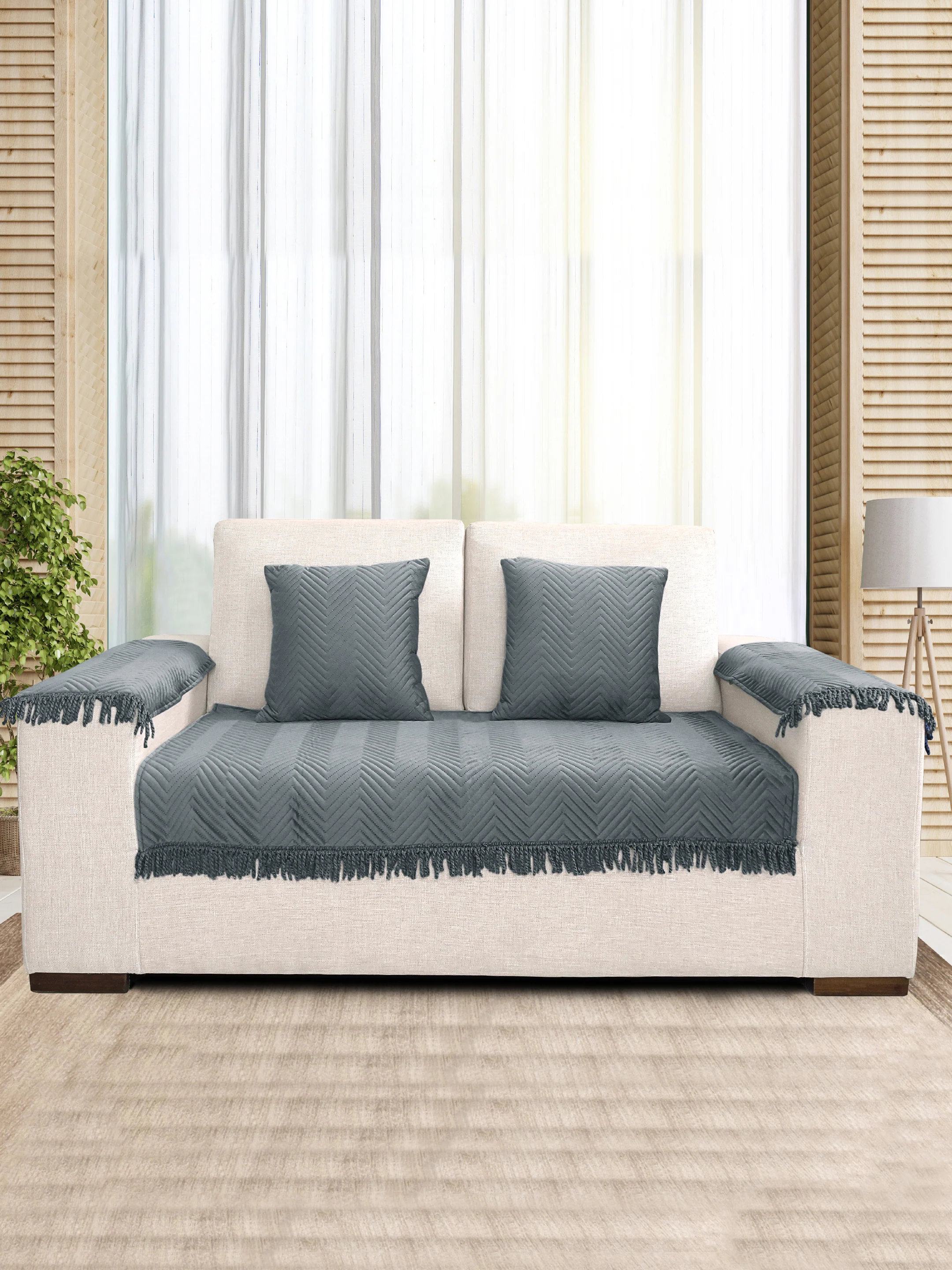 CHEVRON Velvet Sofa Cover | 2 Seater Set with 2 Cushions & 2 Arm Covers - Image 11