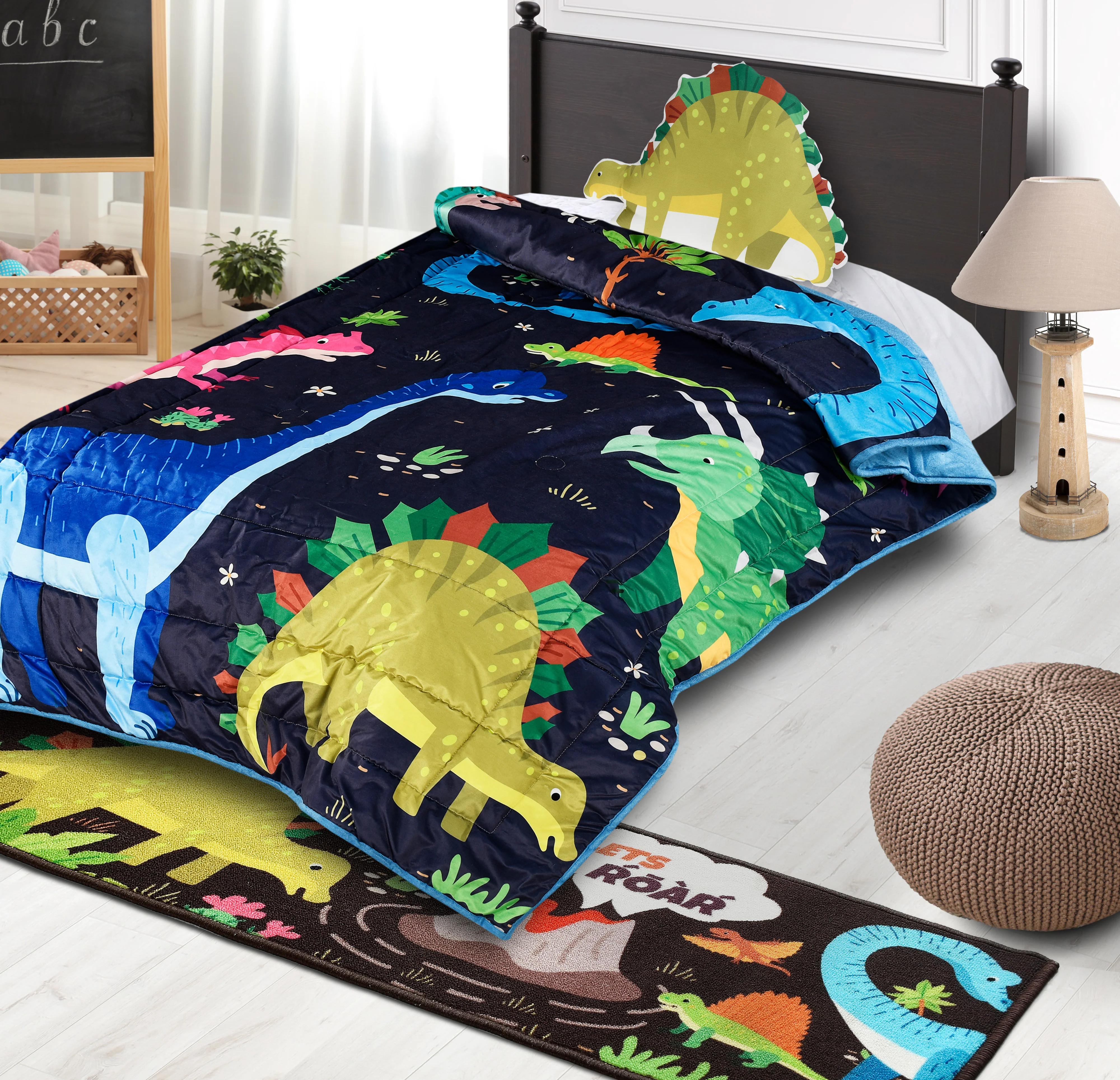 Dinosaur Velvet & Cotton AC Quilt | Includes 1 Cushion (Blue, 135x210 cm)