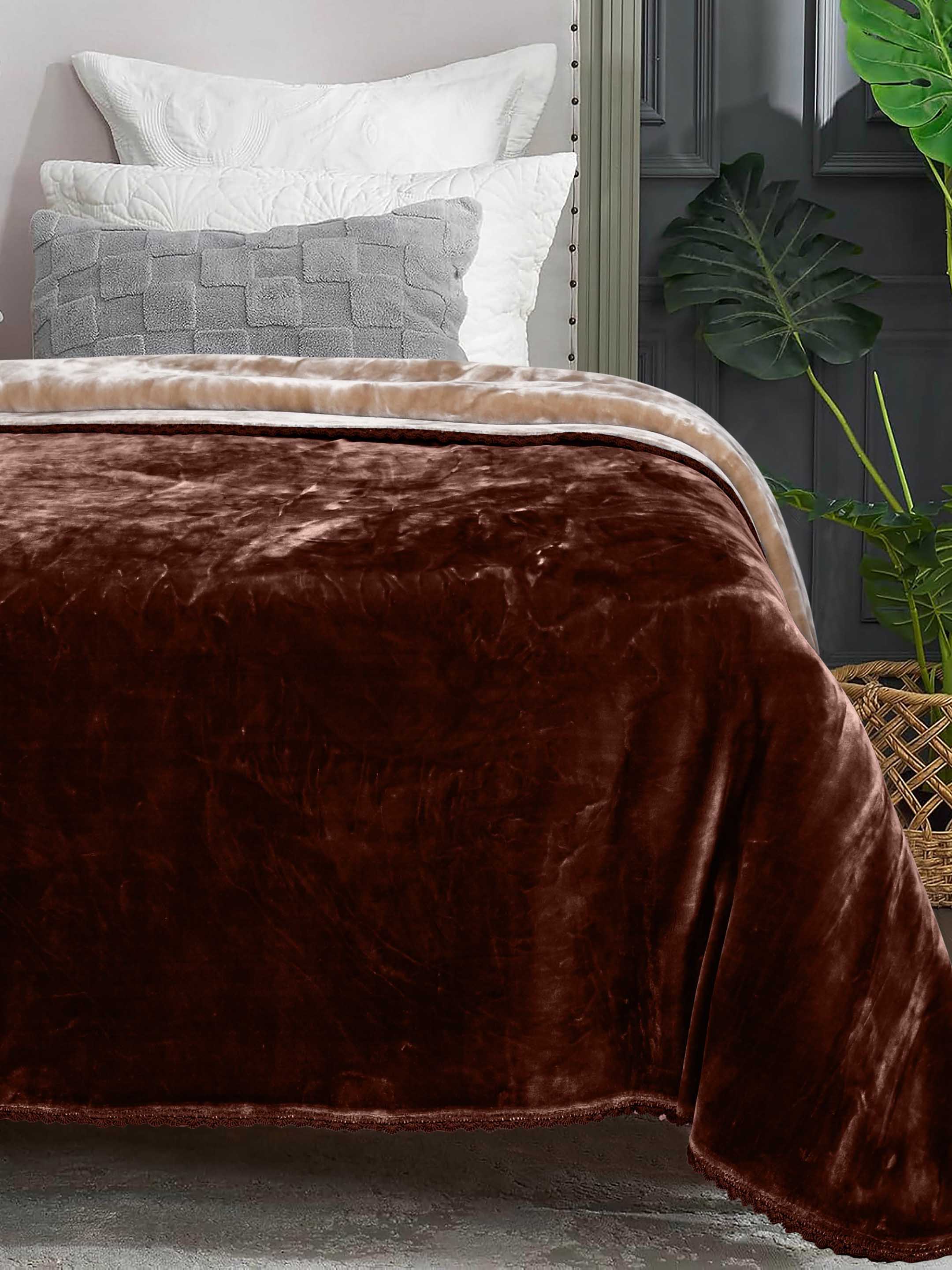 GIFT BOX | Beige Brown Winter Mink & Cloudy Silky Soft | Double Color Heavy 2 Layer Blanket 90″x90″ | with Crochet Lace Edges | For Gift & Daily Use - Image 3