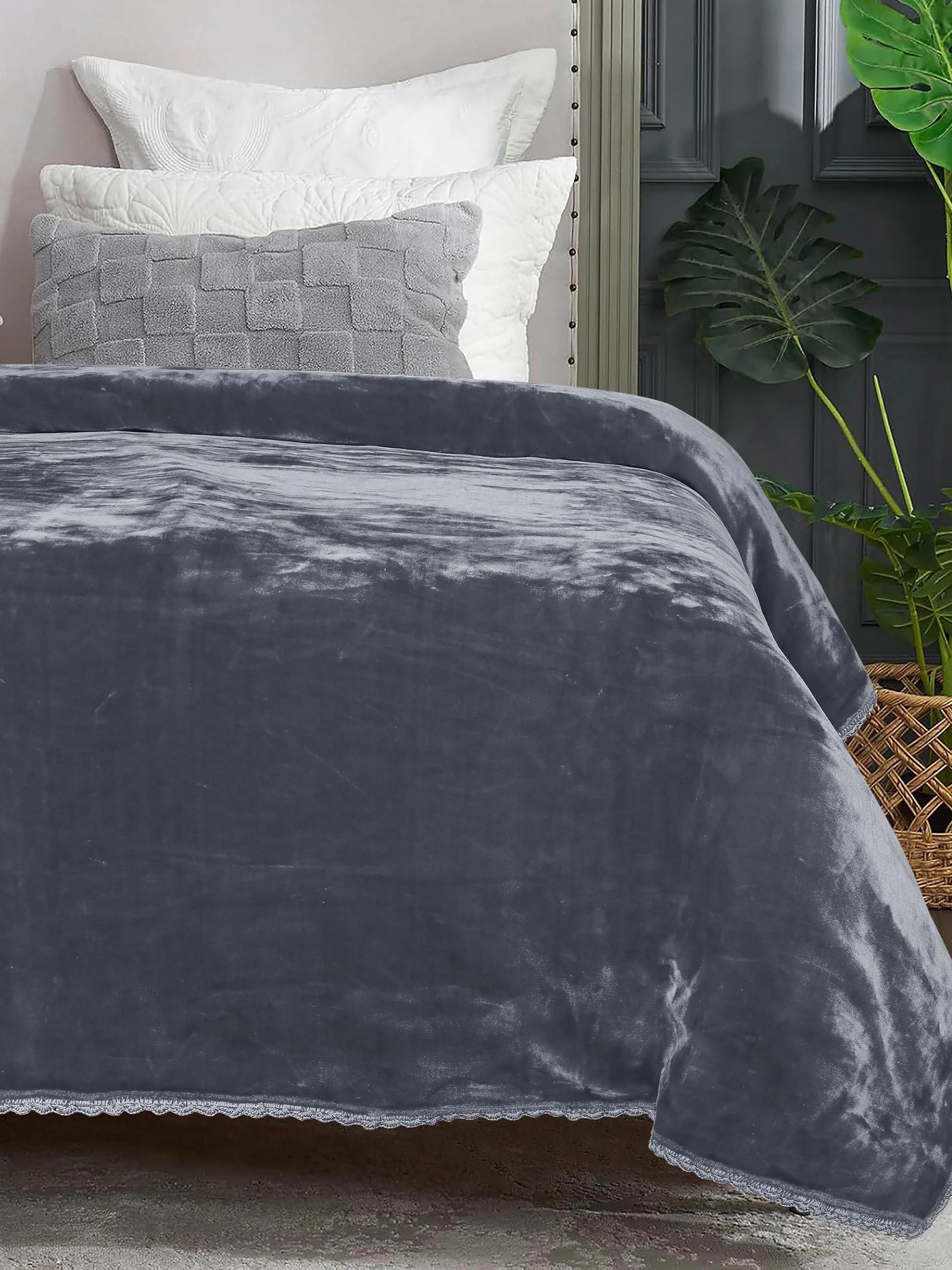 GIFT BOX | Grey Winter Mink & Cloudy Silky Soft | Double Sided Heavy 2 Layer Blanket 90″x90″ | with Crochet Lace Edges | For Gift & Daily Use - Image 3