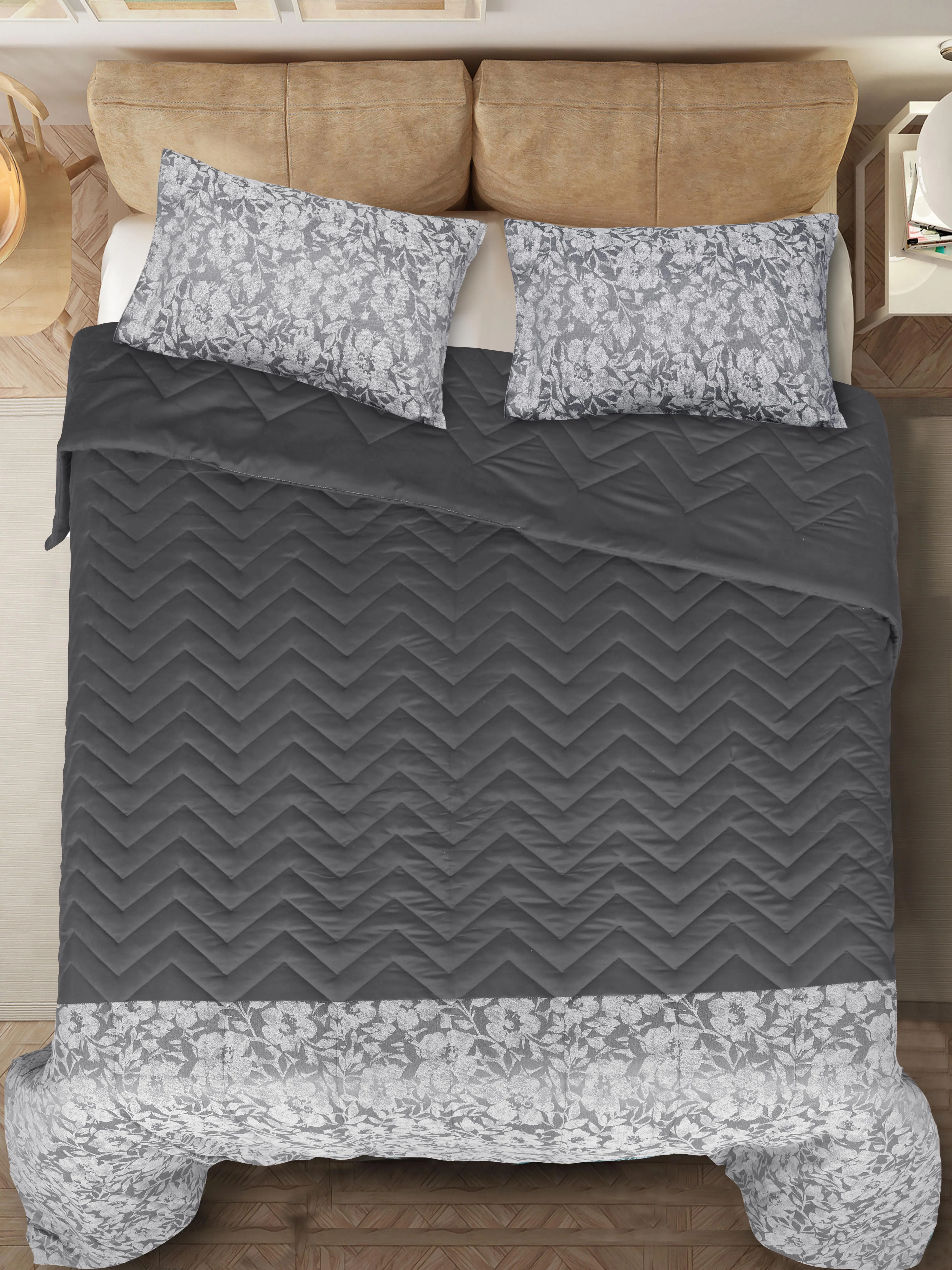GIFT BOX | Kanan Grey Cotton Bedsheet-Cover | Matching Grey Reversible Quilt/Comforter | Combo Set For Gift & Daily Use - Image 2