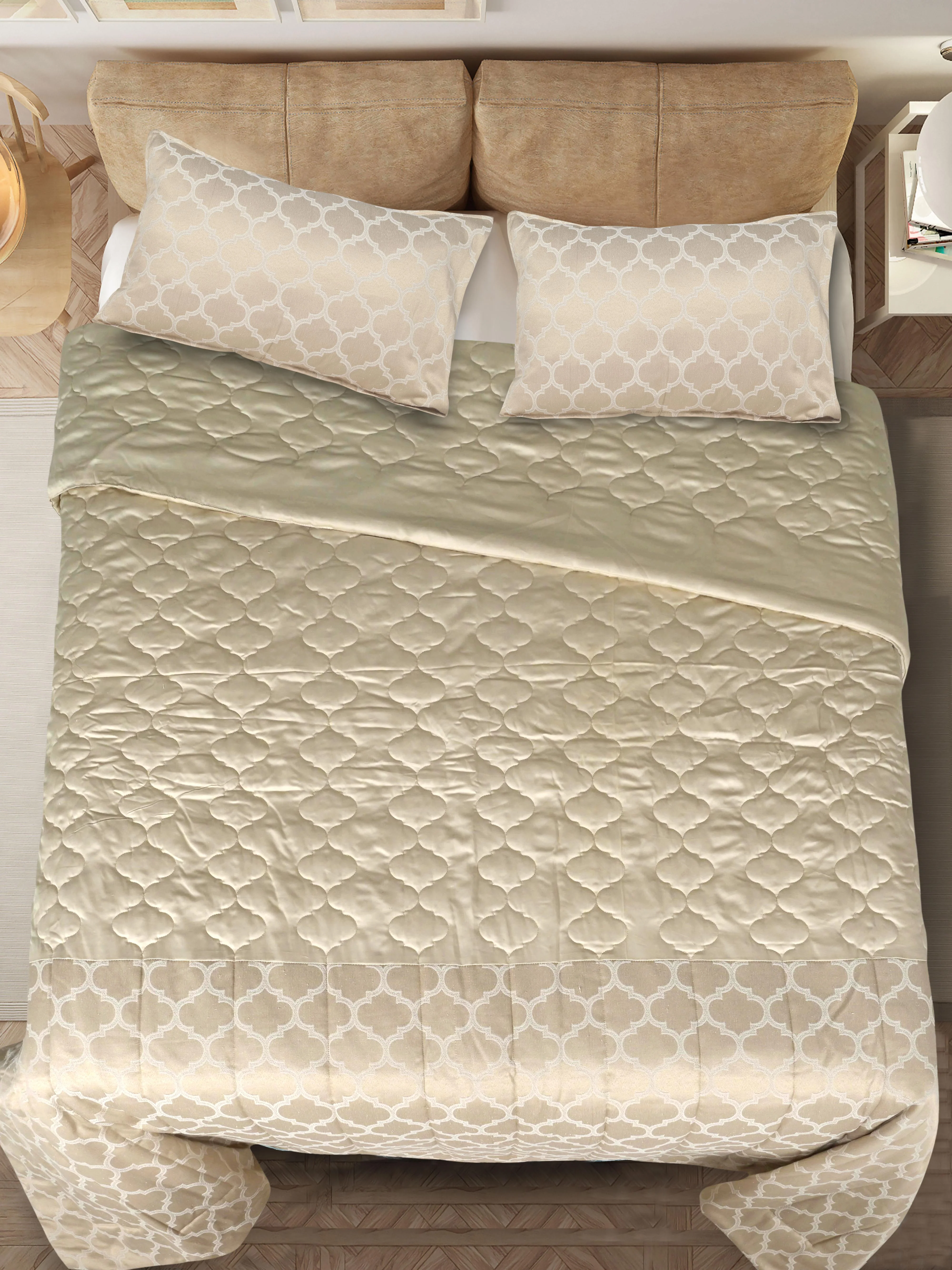 GIFT BOX | NOOR Beige Cotton Bedsheet-Cover | Matching Beige Reversible Quilt/Comforter | Combo Set For Gift & Daily Use - Image 2