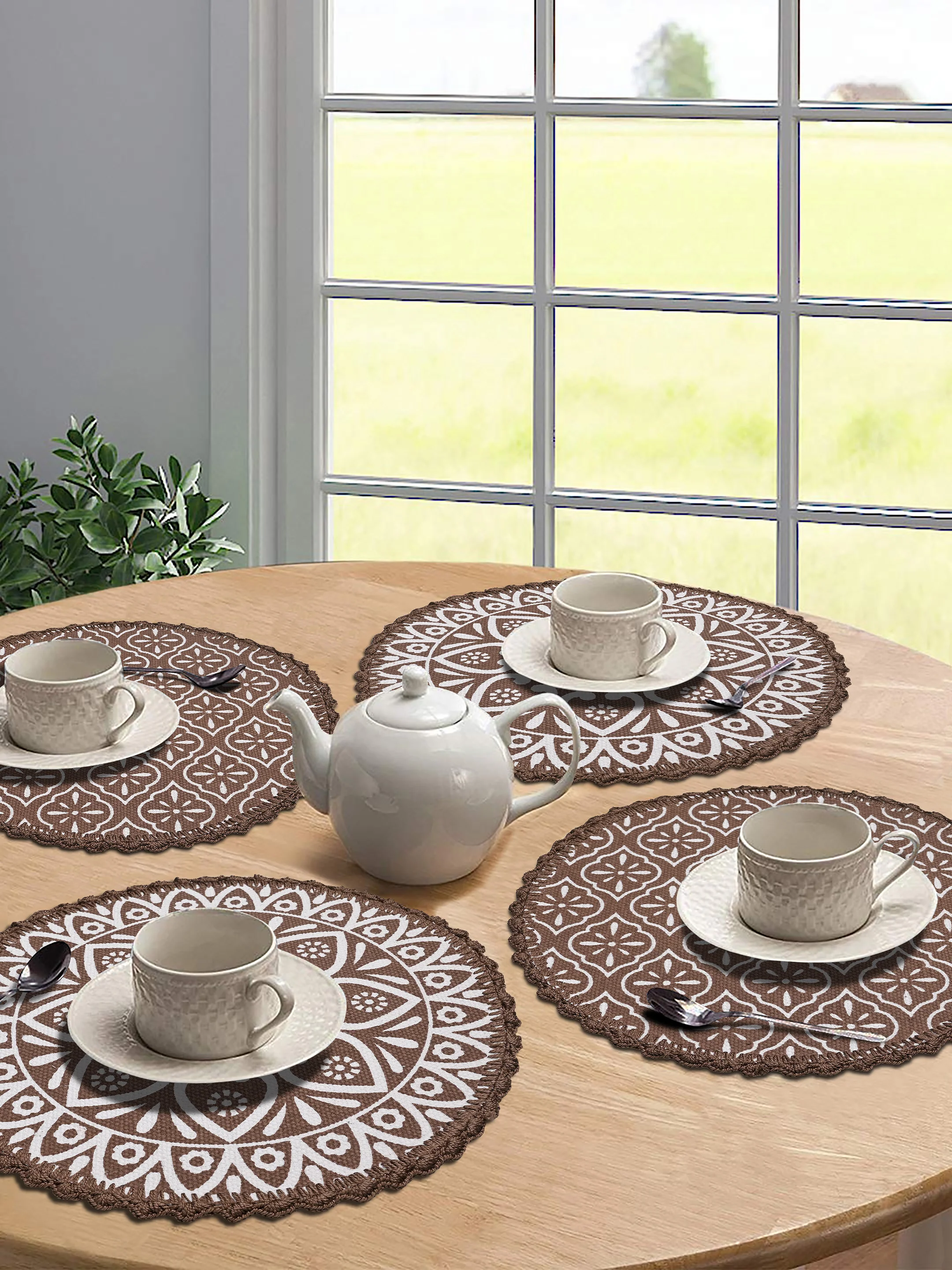 Crochet Round Table Mat with Fringe Edges | Handmade Anti-Skid Decorative Piece