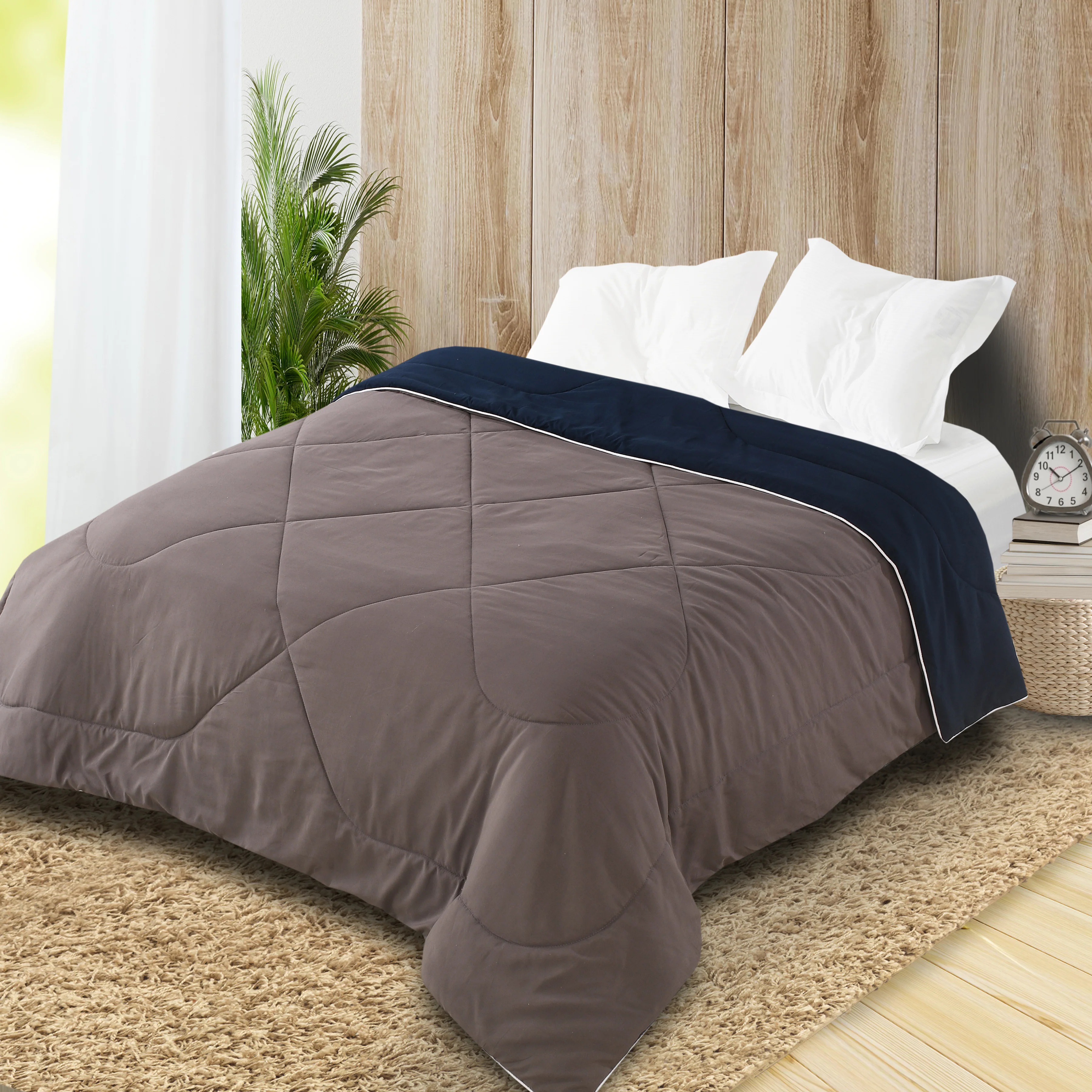 Reversible Solid Cotton Blanket/Comforter (Grey + Navy Blue) - Image 3