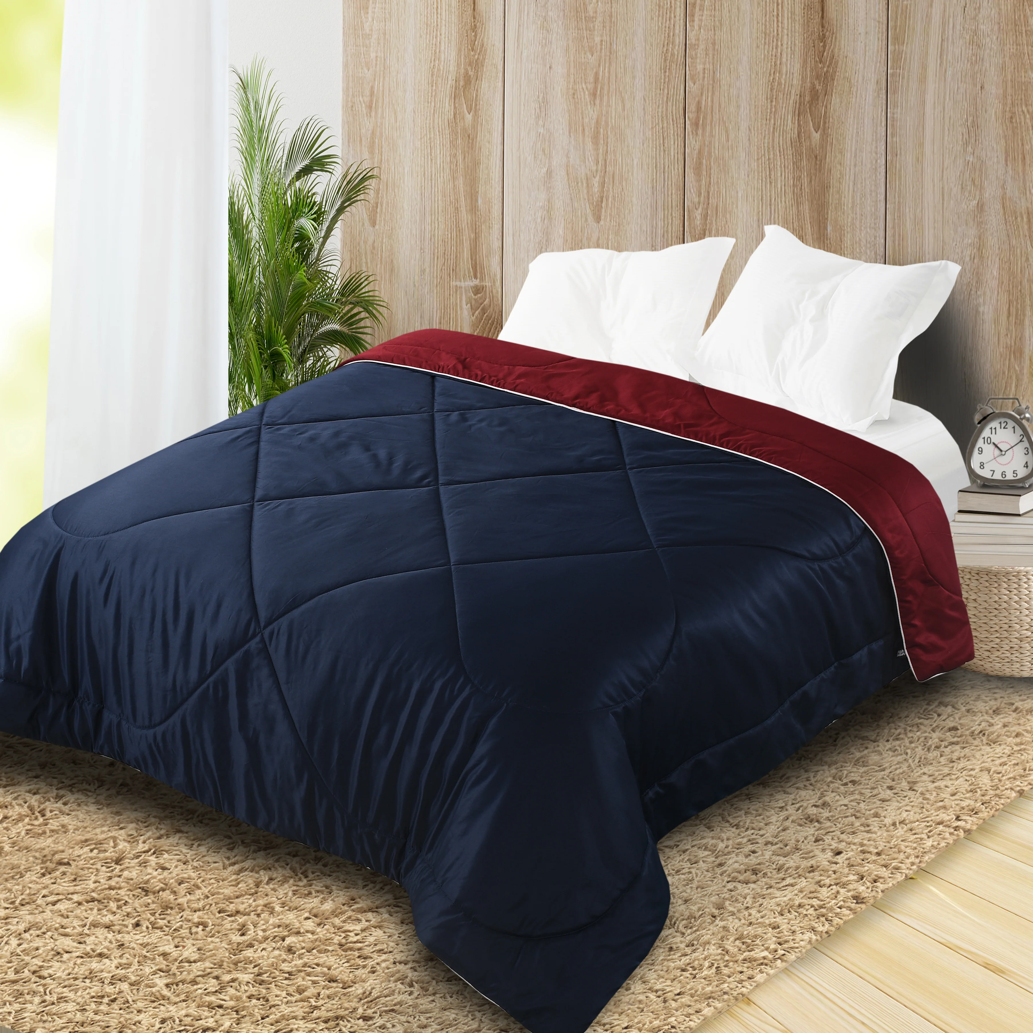 Reversible Solid Cotton Blanket/Comforter (Navy Blue + Maroon) - Image 3
