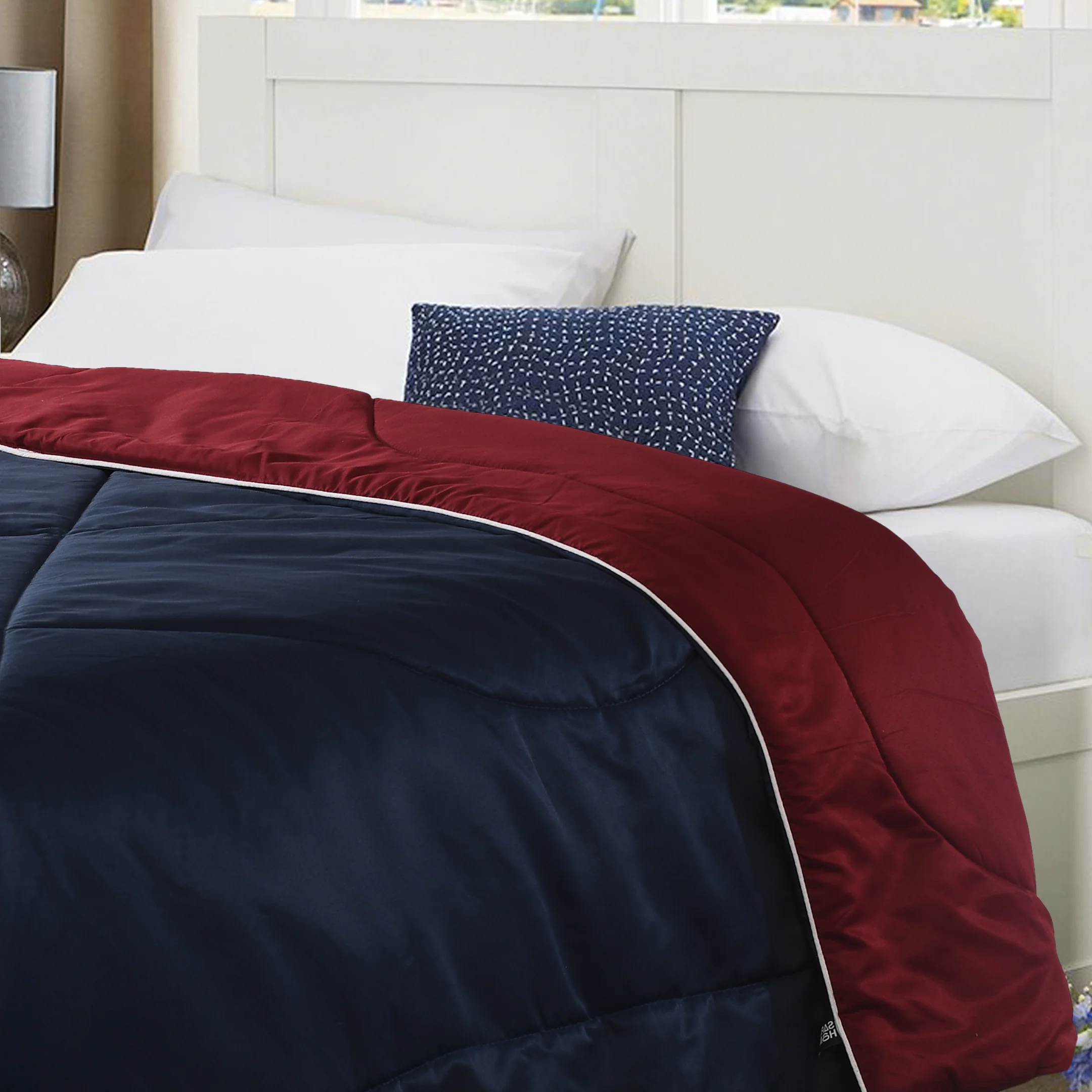 Reversible Solid Cotton Blanket/Comforter (Navy Blue + Maroon) - Image 5