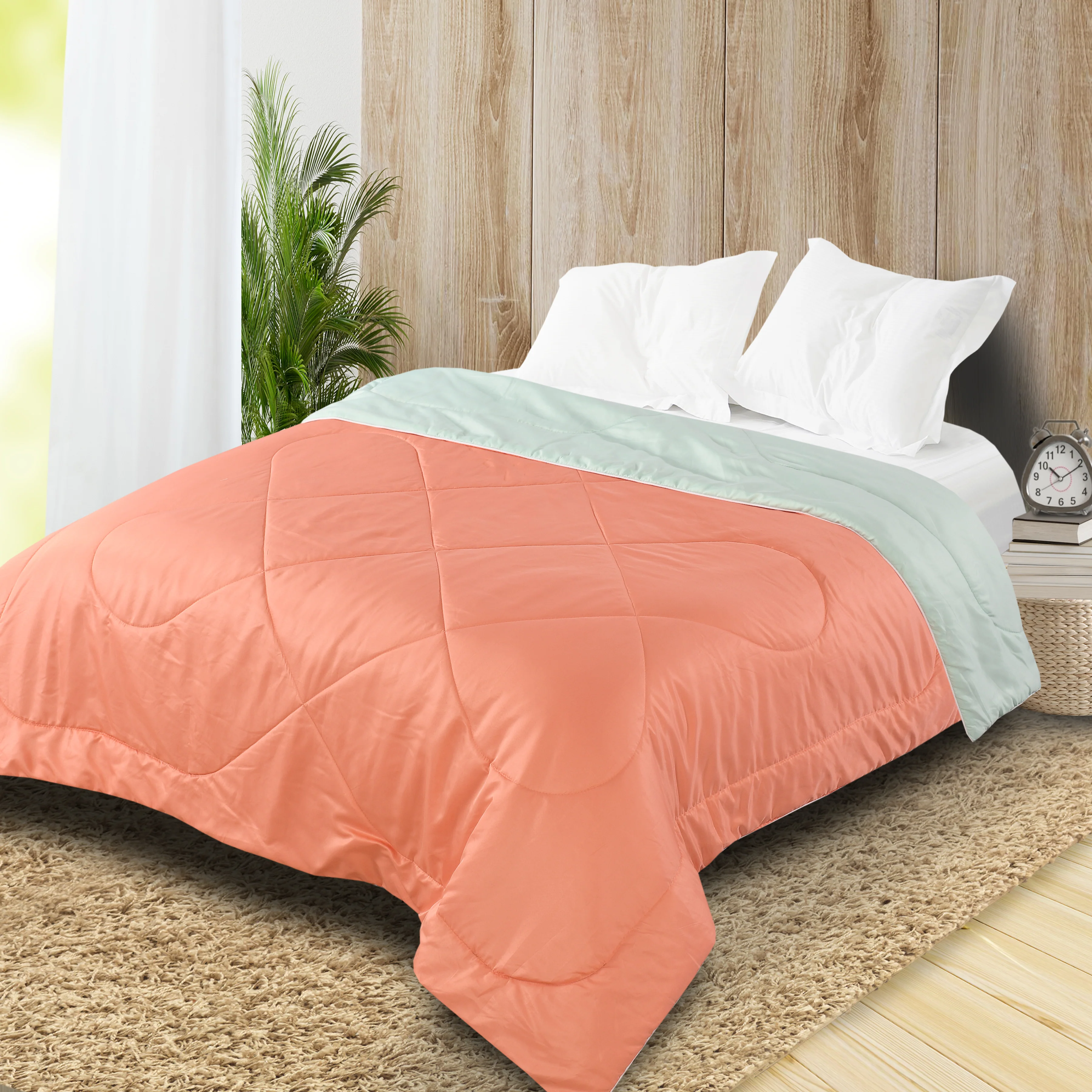 Reversible Solid Cotton Blanket/Comforter (Soft Peach + Pastel Mint) - Image 3