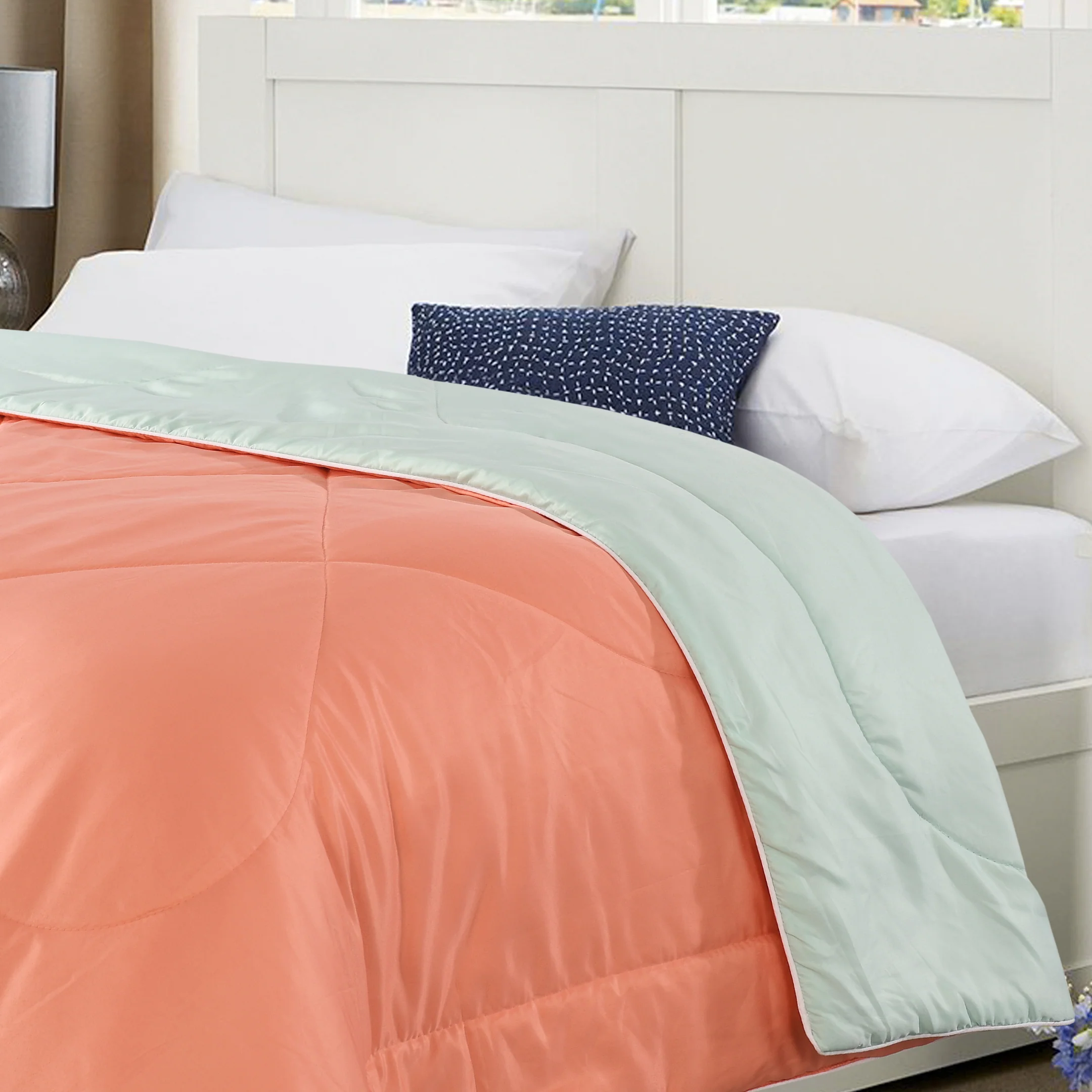 Reversible Solid Cotton Blanket/Comforter (Soft Peach + Pastel Mint) - Image 5