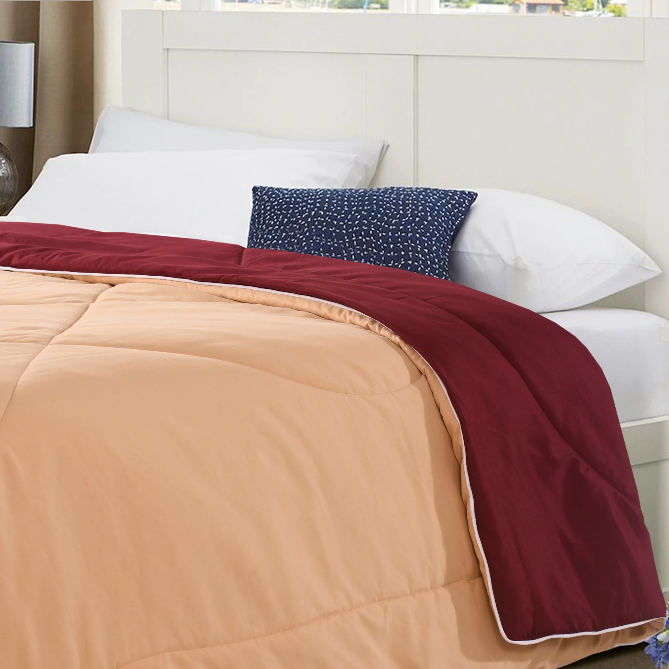 Reversible Solid Cotton Blanket/Comforter (Warm beige + Maroon) - Image 5