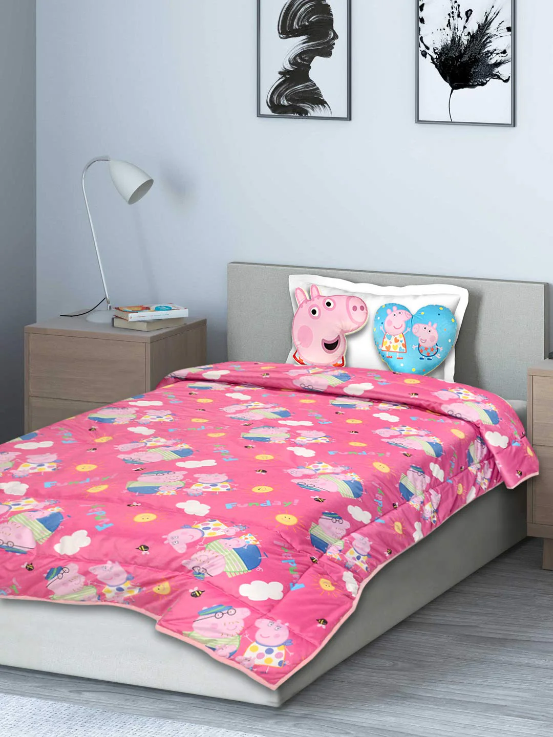 AC Quilt with 2 Cushions Velvet and Cotton with creative Peppa Pig design - (Turquoise, Pink 135X210 cm) - Image 4